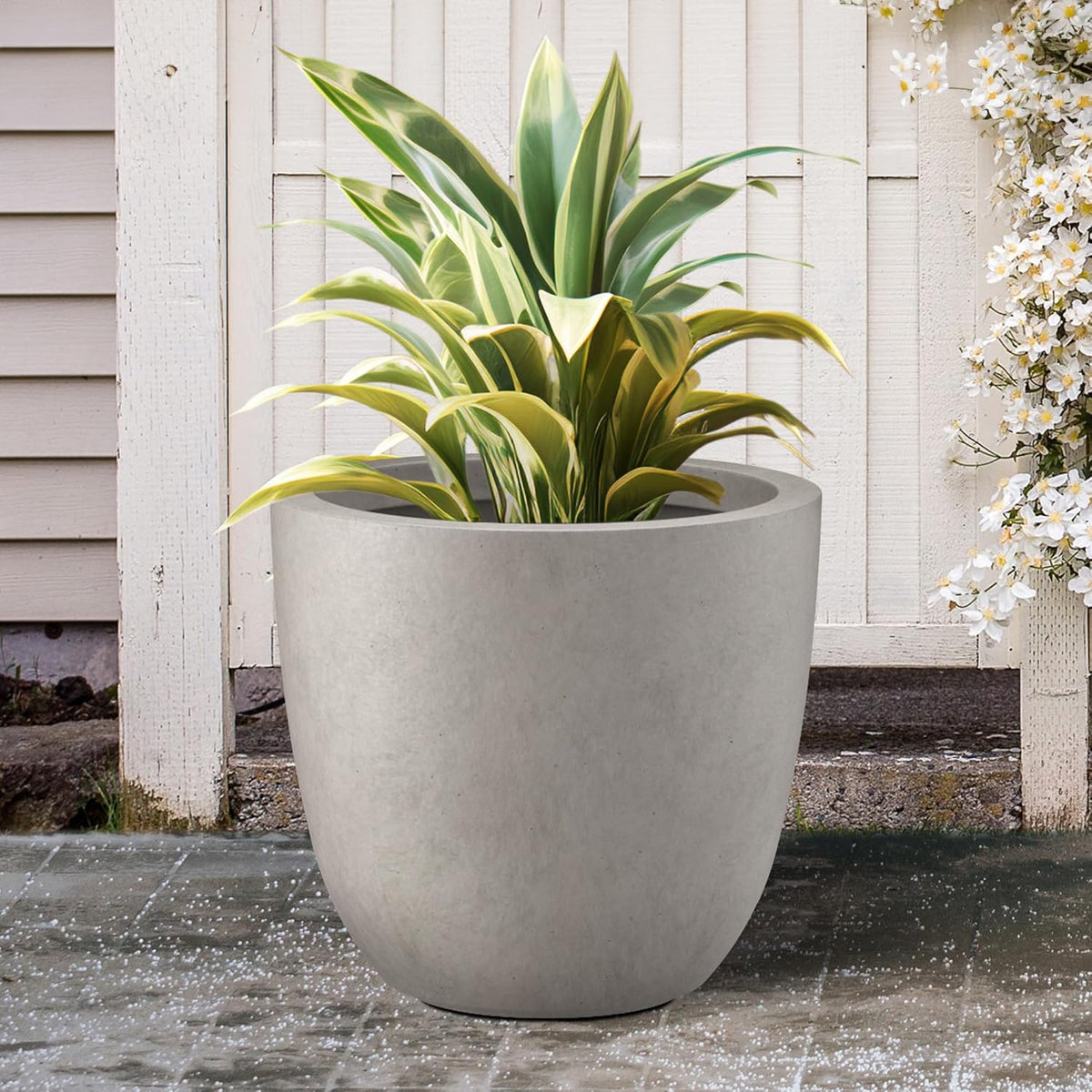 Kante 18 Inch Diameter Round Concrete Planter, Indoor Outdoor Large Plant Pot with Drainage Hole