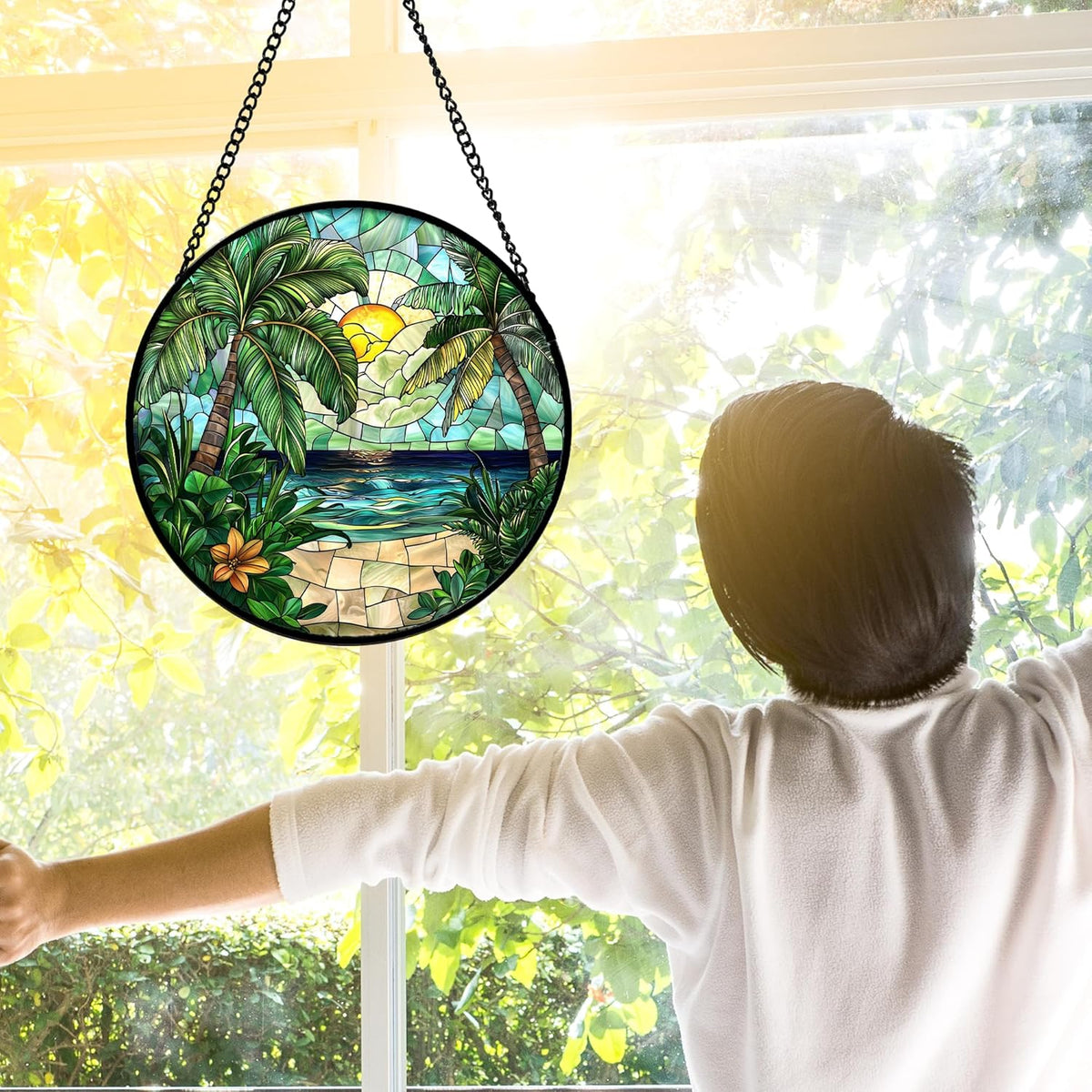 Stained Glass Window Hanging, Green Beach Scenery Suncatcher Diamond Glass Panel Hangings Sun