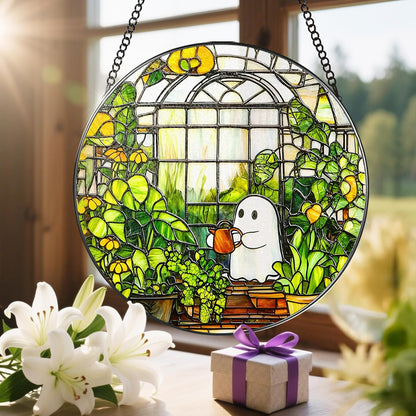 8'' Halloween Ghost Greenhouse Sun Catcher Ornament, Stained Glass Window Hanging, Sun Catchers for