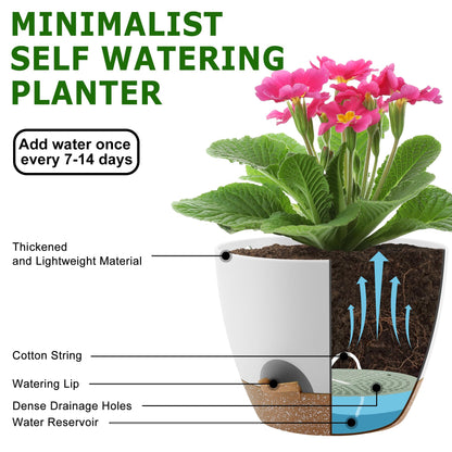 QRRICA Plant Pots 10/9/8/7.5/7 Inch Self Watering Pots, Set of 5 Plastic Planters with Drainage