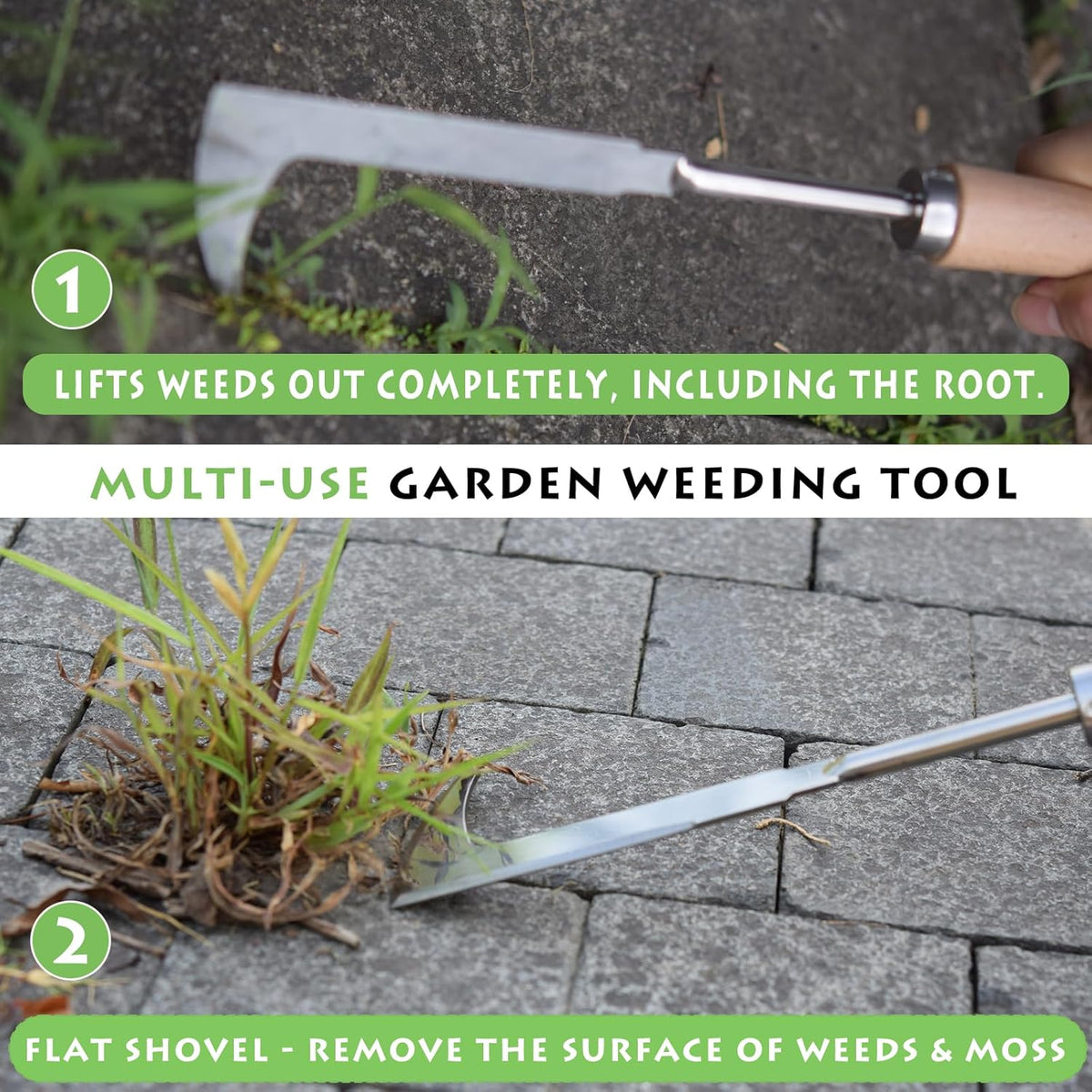 Crack Weeder, 12" Stainless Steel Crevice Weeding Tool with Wood Handle, L-Shaped Side-Walk Weed