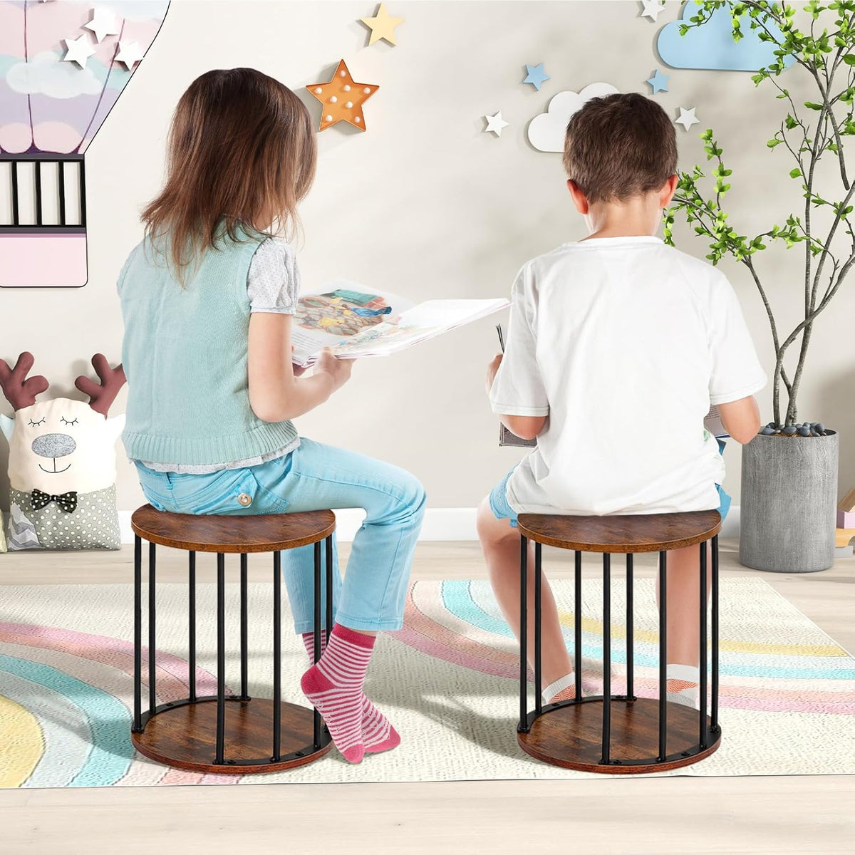 HDANI Wooden Stool Set of 2 for Kids, Adults - 300lbs Load Capacity Garden Round Wood Stool