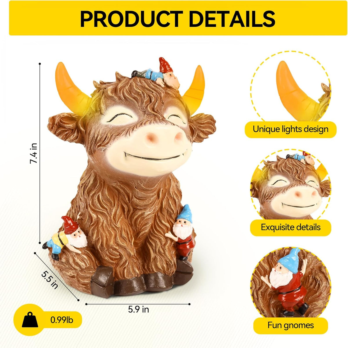 Solar Garden Statue Highland Cow Figurine with Funny Gnomes Garden Outdoor Decor for Yard Patio
