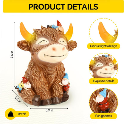 Solar Garden Statue Highland Cow Figurine with Funny Gnomes Garden Outdoor Decor for Yard Patio