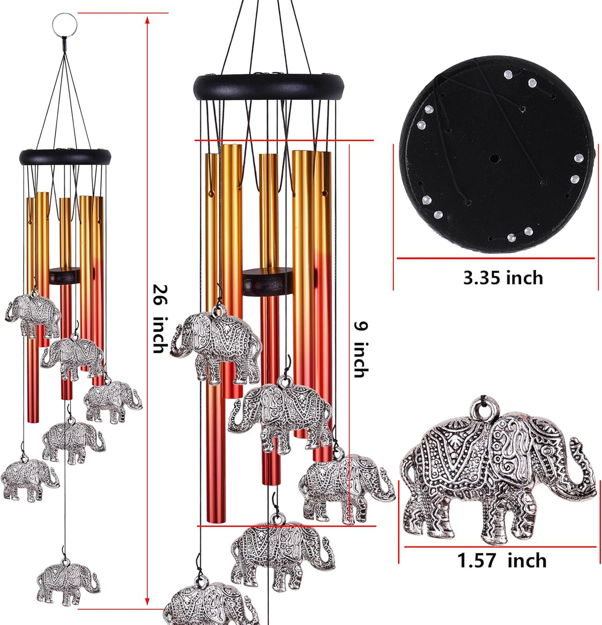 Elephant Wind Chimes Outdoor/Indoor Decor - Pure Hand-Made Mobile Romantic Wind Catcher, 28"
