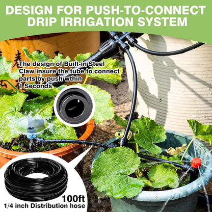 100FT 1/4 inch New Quick-Connect Drip Irrigation Kit Distribution Hose Tubing for Garden Irrigation