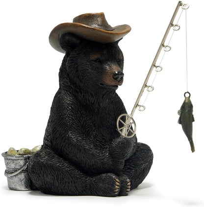 Hodao Black Bear Fishing Figurines Decoration Summer Bear Crafts for Home Office Desk Decor Statue