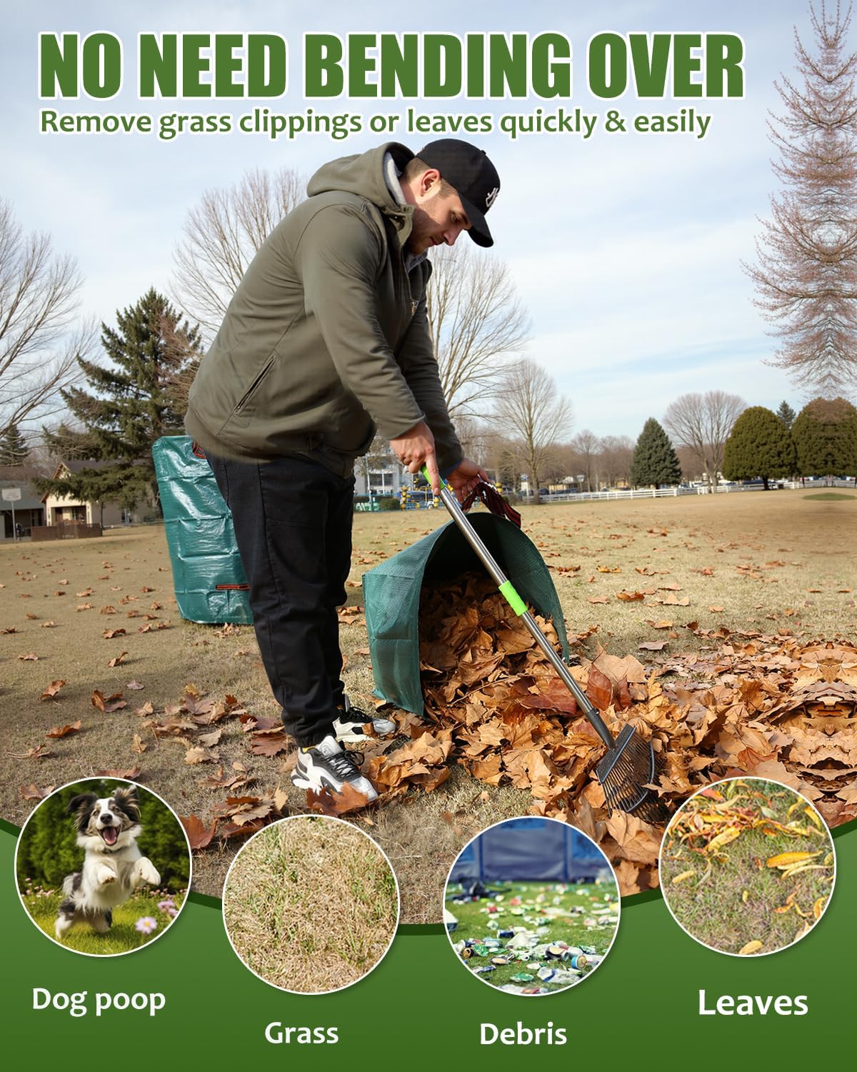 Joyhalo 65 Inch Rake for Leaves with 40 Gallon Dustpan-Typ Leaf Bags, 25 Tines Metal Leaf Rake Set