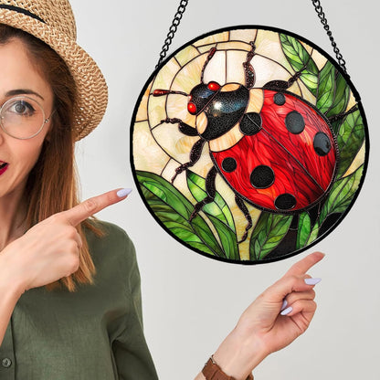 Stained Glass Window Hanging - Red Seven-Spotted Ladybug Sun Catcher for Door Home Decor Insect