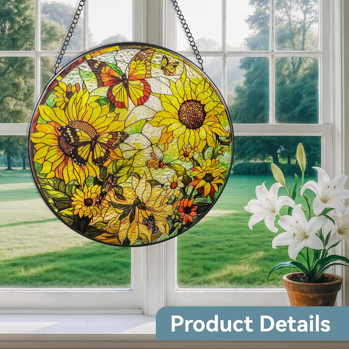 Suncatcher Stained Glass Window Hanging - Sunflower Glass Panel with Metal Chain and Hooks Handmade