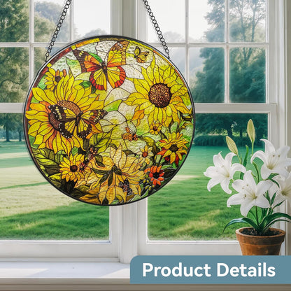 Suncatcher Stained Glass Window Hanging - Sunflower Glass Panel with Metal Chain and Hooks Handmade