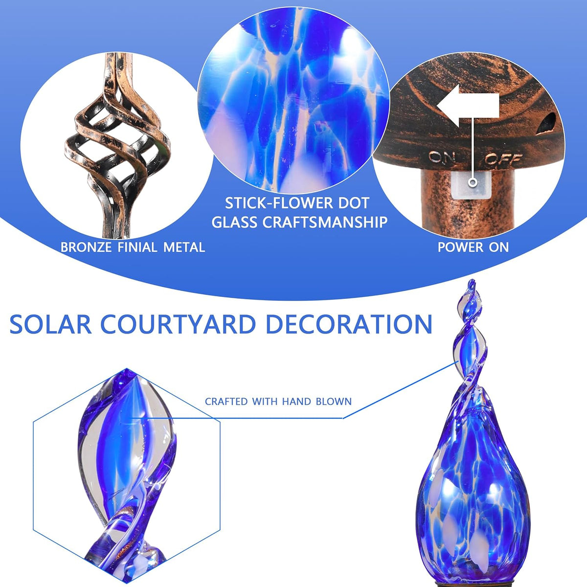 Solar Garden Lights Outdoor, Decorative LED Flame Garden Stakes, Hand Blown Glass and Outdoor
