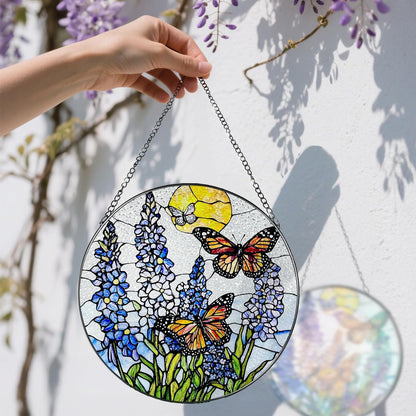 Stained Glass Window Hanging, 8 Inch Lavender & Butterfly Sun Catcher Decor, Stained Glass