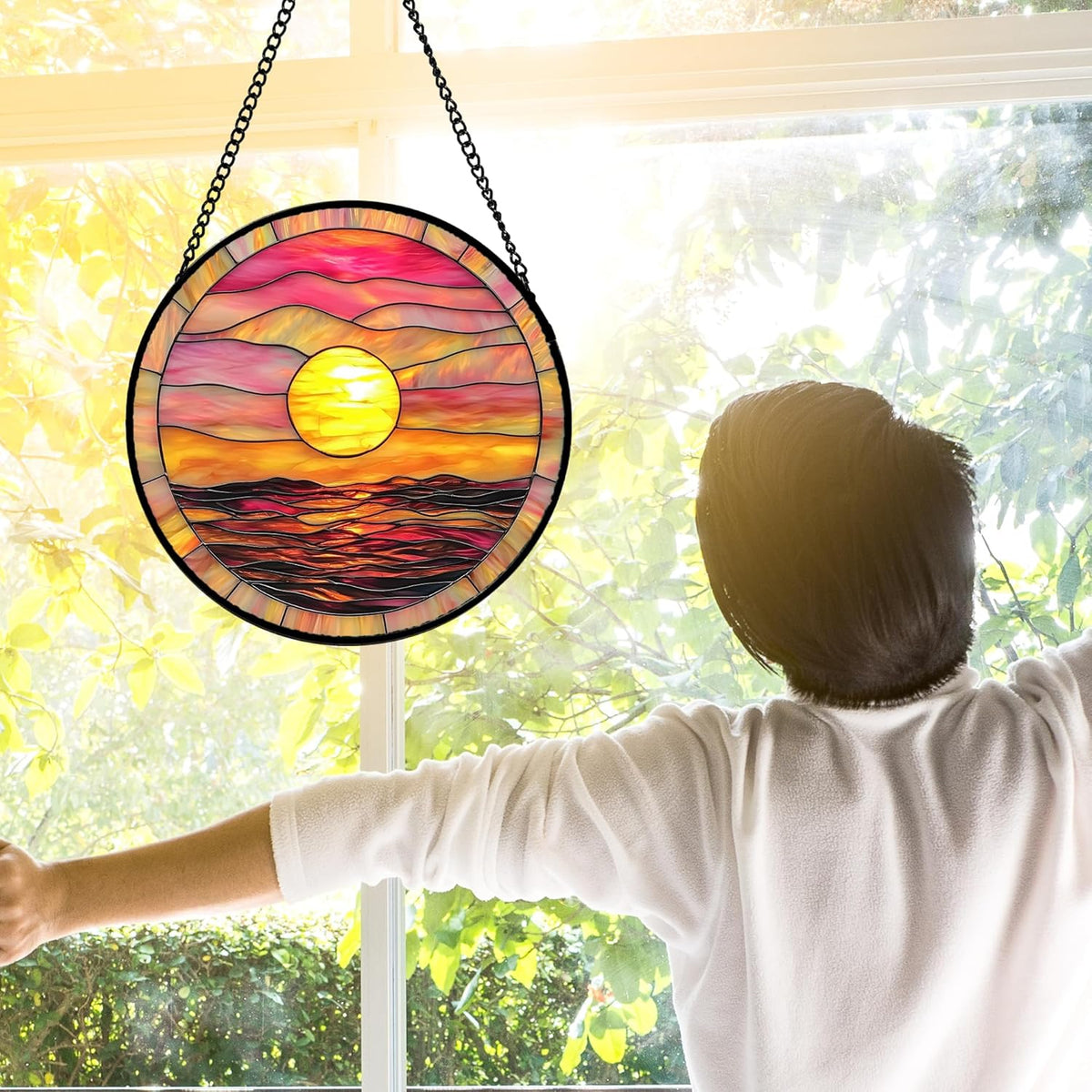 Stained Glass Window Hanging, Sunrise Sea Surface Sun Catchers Diamond Glass Panel Hangings