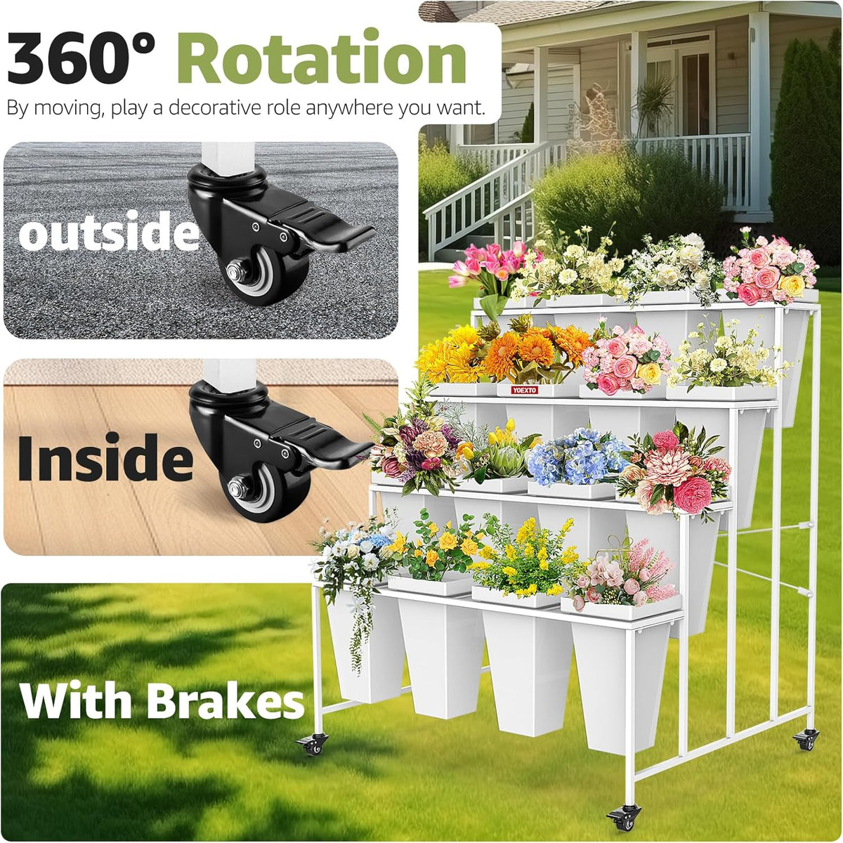 Flower Display Stand 4 Layers with 16 PCS Square Buckets, Plant Stand with Wheels, Movable Metal