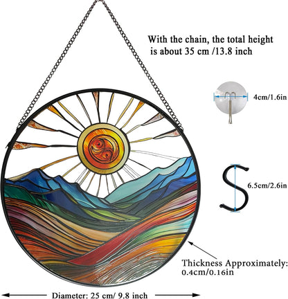 Sun Mountains Stained Glass Window Hanging, 9.8’’Sun Catcher Glass Panel Boho Wall Art Decor with