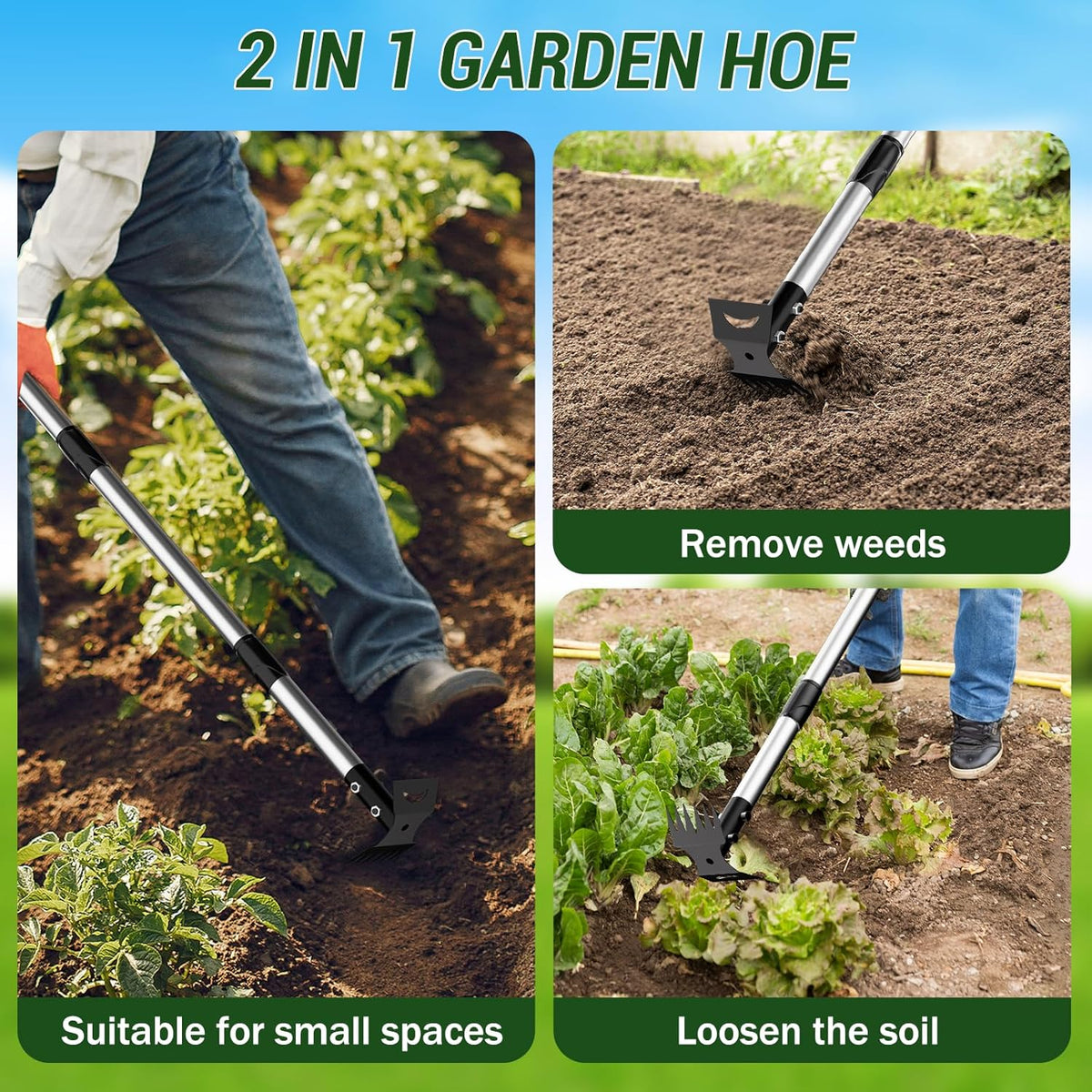 Weed Puller Tool with Long Handle – 2-in-1 Handle Garden Hoe and Weed Rake, Hoe Garden Tool for