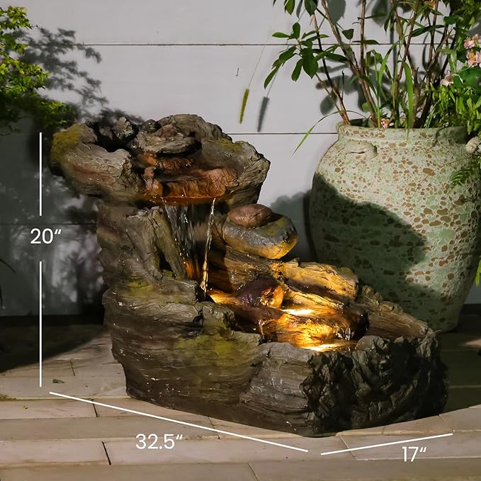 32.5" L Garden Outdoor Water Fountain, Floor Standing Cascading Realistic Tree Trunk Natural