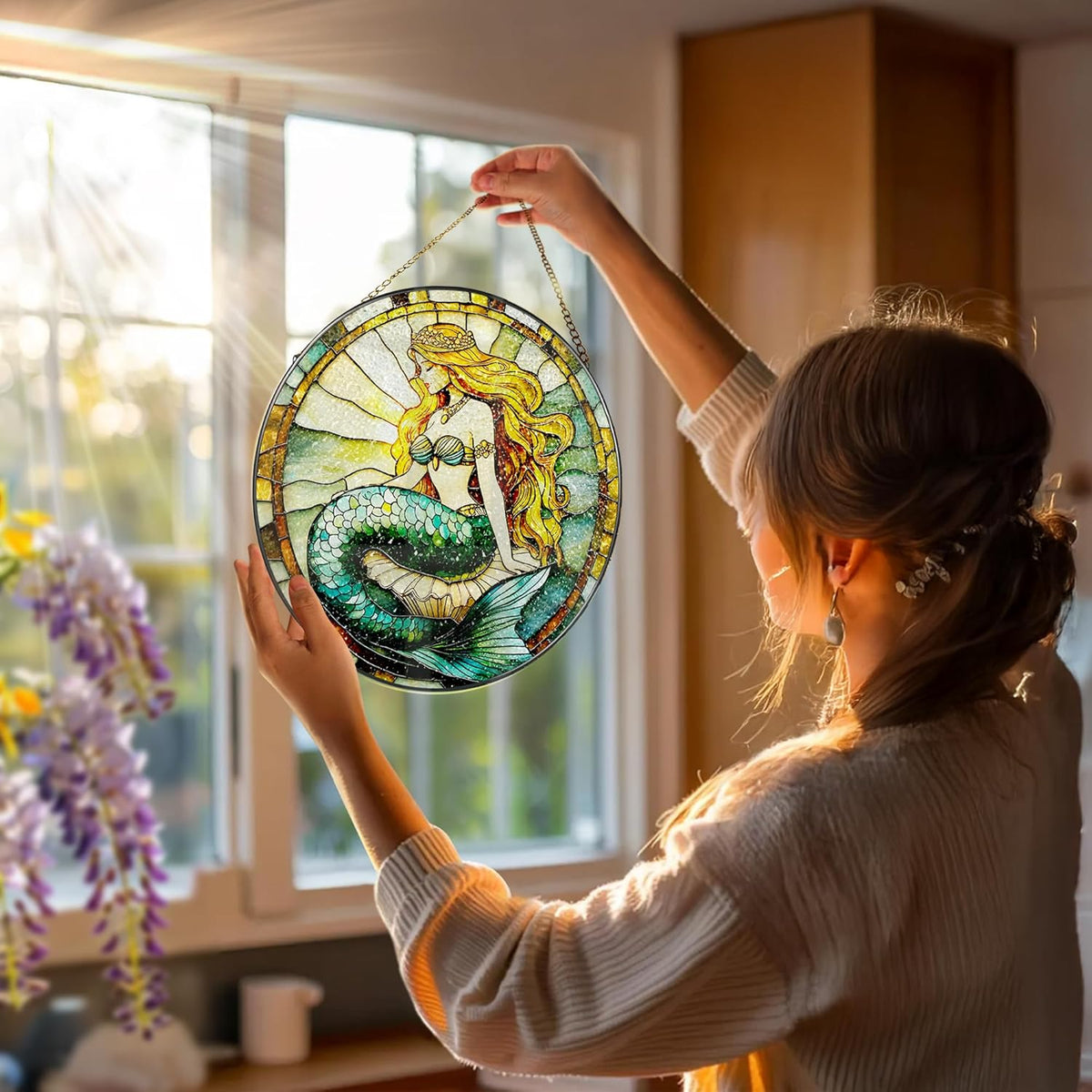 Stained Glass Window Hanging, 8 Inch Mermaid Suncatcher Stained Glass Ornament, Suncatchers for
