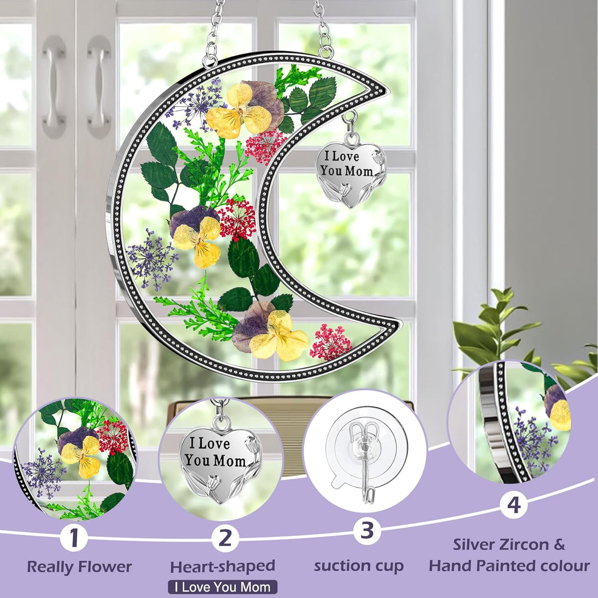 KY&BOSAM Moon Suncatcher Mom Gifts Stained Glass for Window Hangings Wind Chimes Decor with Pressed