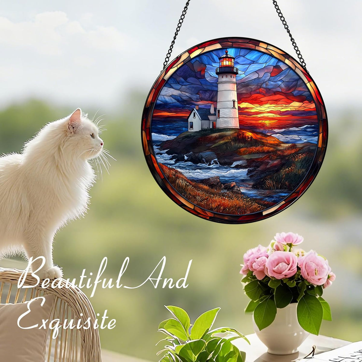 Coastal Lighthouse in Autumn Suncatcher -7.9 in Stained Glass Window Hanging Sun Catcher Garden