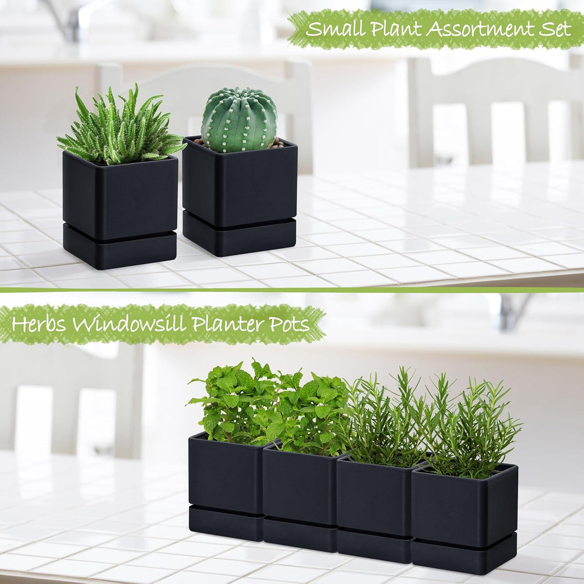 4 Inch Herb Planter Pot, Plastic Planter with Drainage Holes and Saucer, Modern Decorative