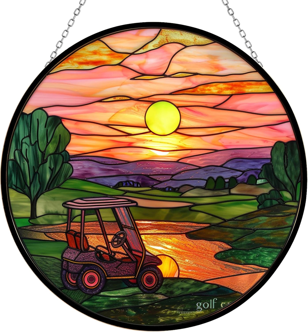 Golf Cart Suncatchers for Windows,6.3” Stained Glass Window Hangings,Hand-Painted Glass Panel