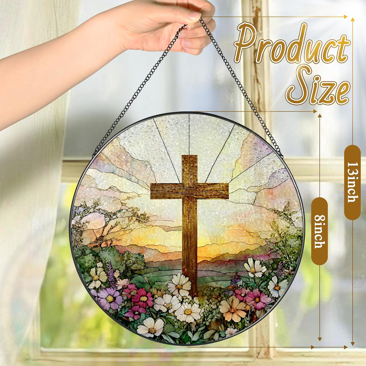 8 Inch Stained Glass Cross & Wildflowers Suncatcher Christian Hanging Ornament Gift for Religious