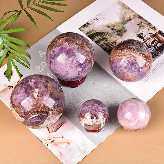 JIC Gem Natural Amethyst Agate Crystal Sphere Ball Purple Crystal Decorative Ball with Wooden Stand