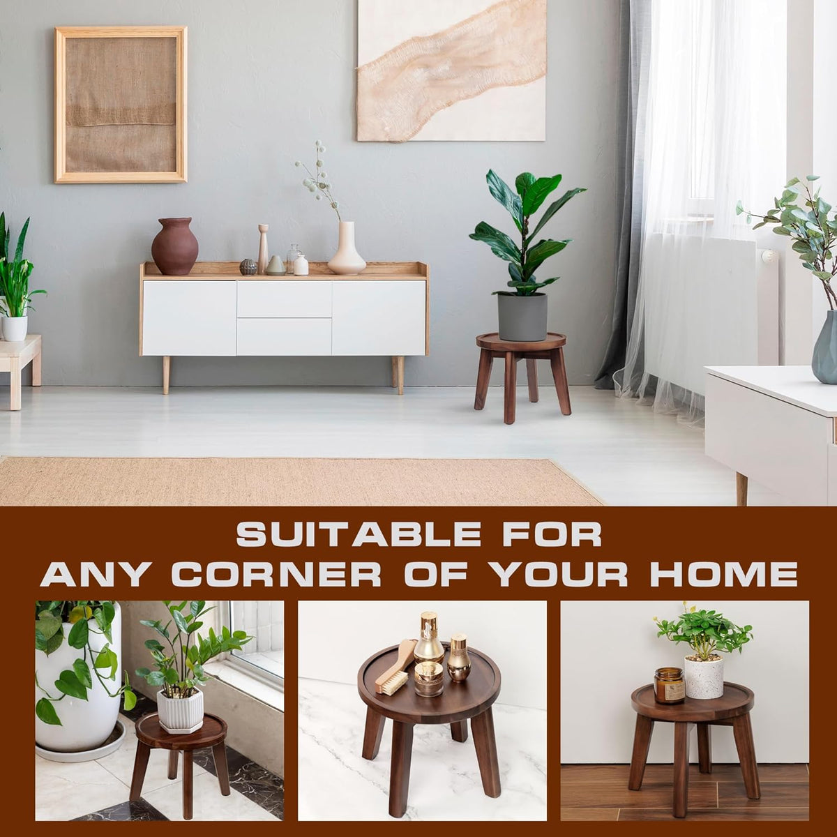Demigo Indoor Plant Stand, Acacia Wooden Decorative Plant Shelf with Spill-Proof Tray, Stable 8”