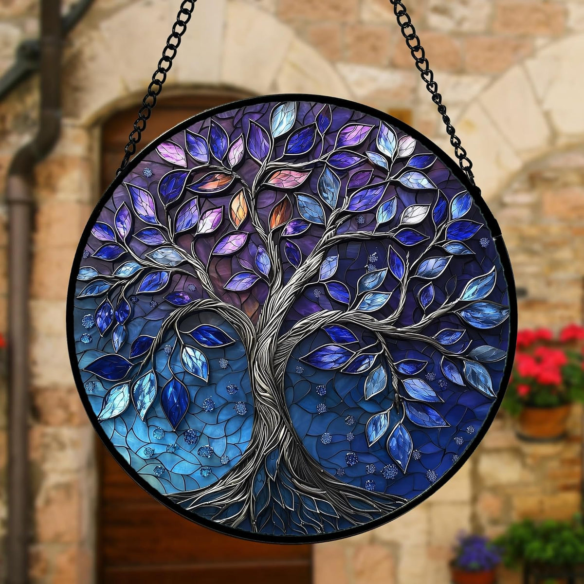 Stained Glass Window Hanging, Blue Purple Tree of Life Sun Catchers Colorful Glass Panel Plants