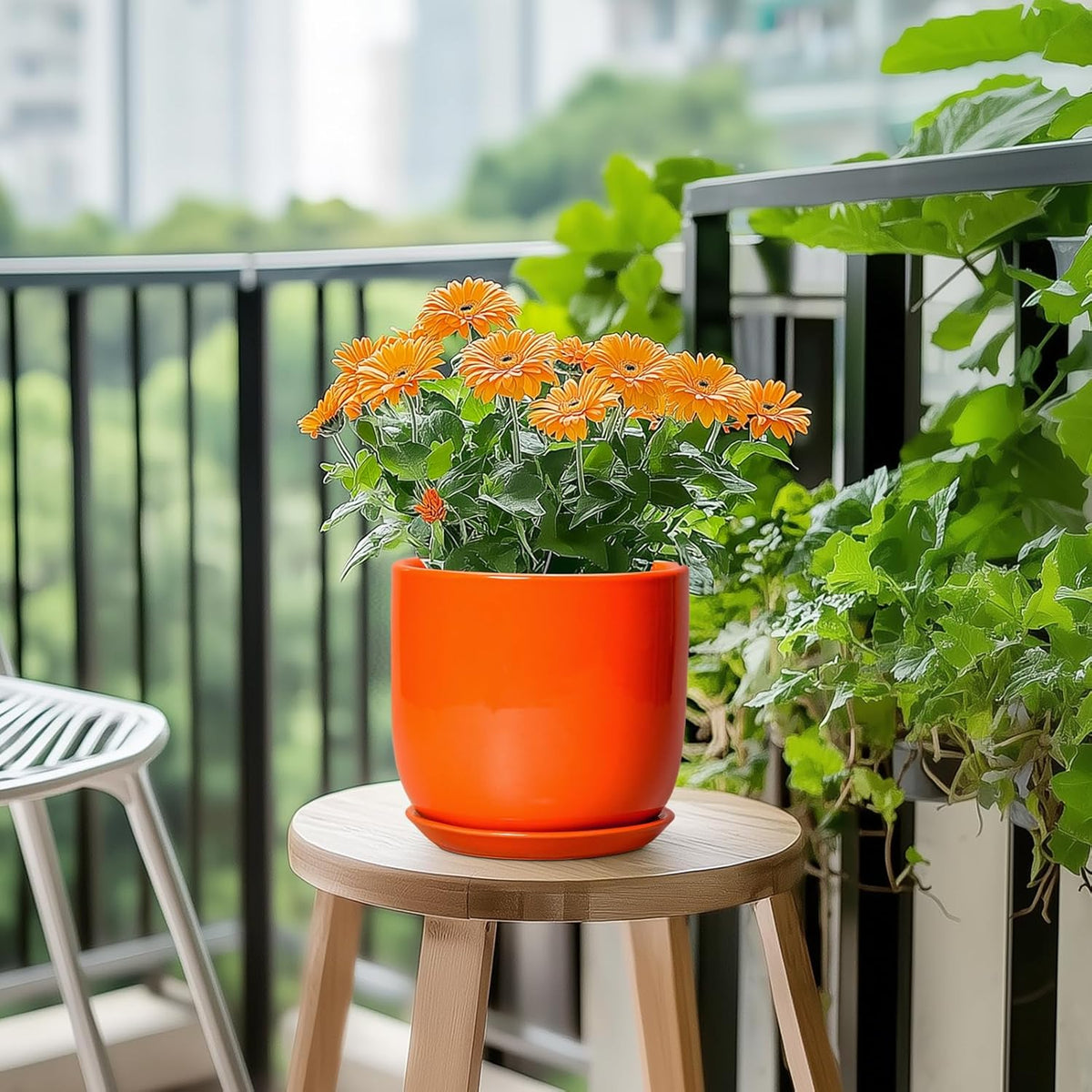 7 Inch Plant Pot - Ceramic Planter with Drainage Hole and Saucer, Modern Round Ceramic Flower Pot