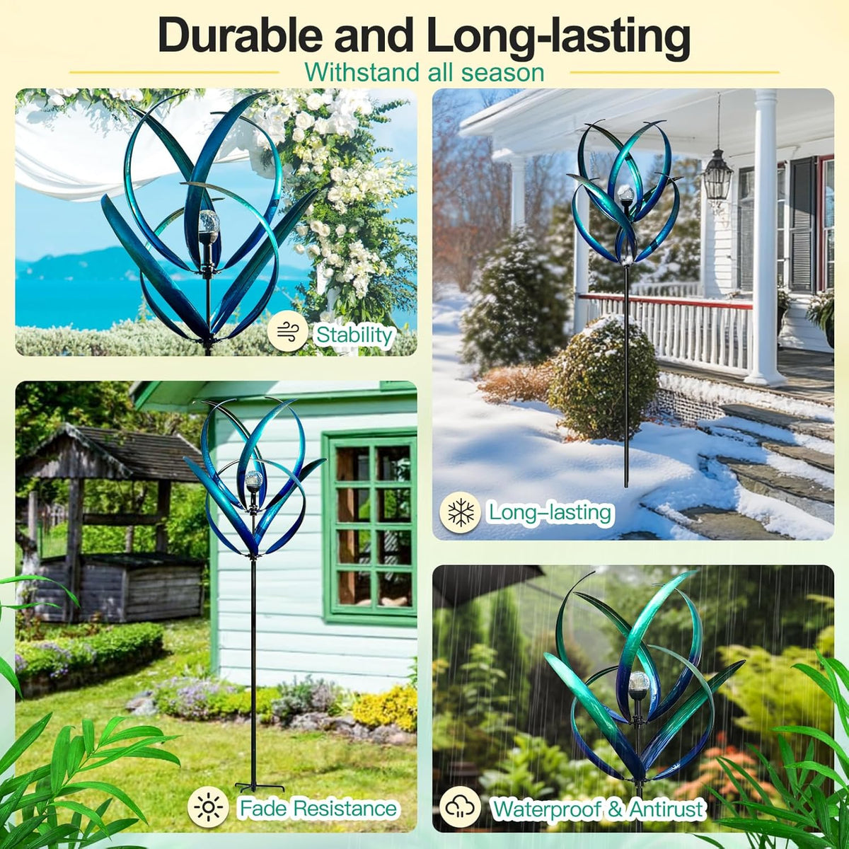 Outdoor Wind Spinners with Solar Light, 82'' Metal Large Spinner Yard Art, Peacock Blue Wind