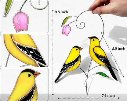 Goldfinch (1 Pair) Stained Glass Birds Suncatcher for Mom, Grandma, Women - Real Glass Window