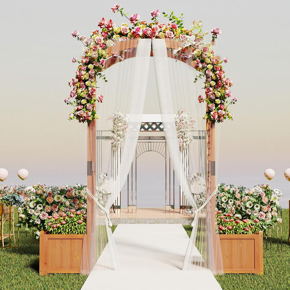 Giantex Garden Arbor with Planter Boxes, Wooden Arch with Trellis and Raised Garden Bed for