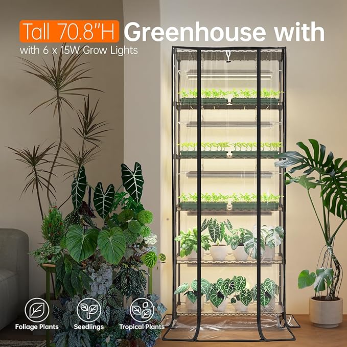 Bstrip 71" Indoor Greenhouse with Grow Light, 6-Tier DIY Plant Shelf with Adjustable Rack and