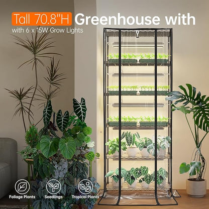 Bstrip 71" Indoor Greenhouse with Grow Light, 6-Tier DIY Plant Shelf with Adjustable Rack and