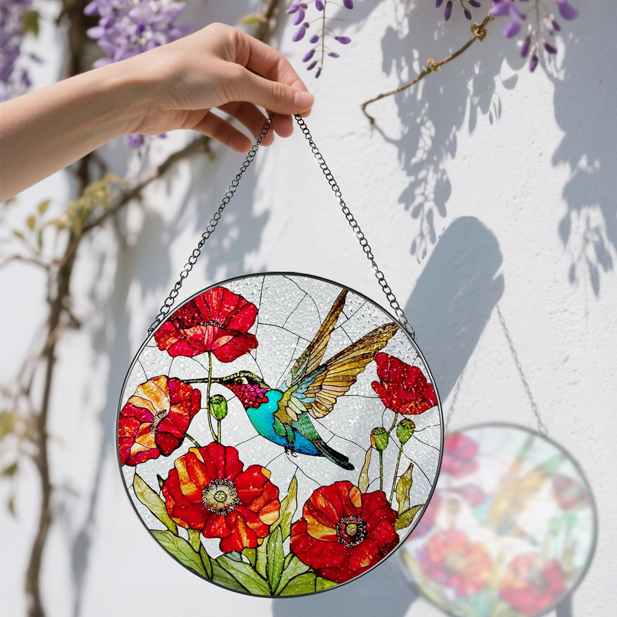 Stained Glass Window Hanging, 8 Inch Hummingbird Stained Glass Suncatcher, Sun Catcher Indoor