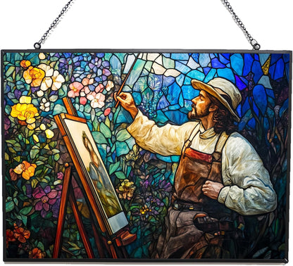 Customized Rectangle Art Nouveau Blooming Painter Stained Glass Window Hangings, Handcrafted
