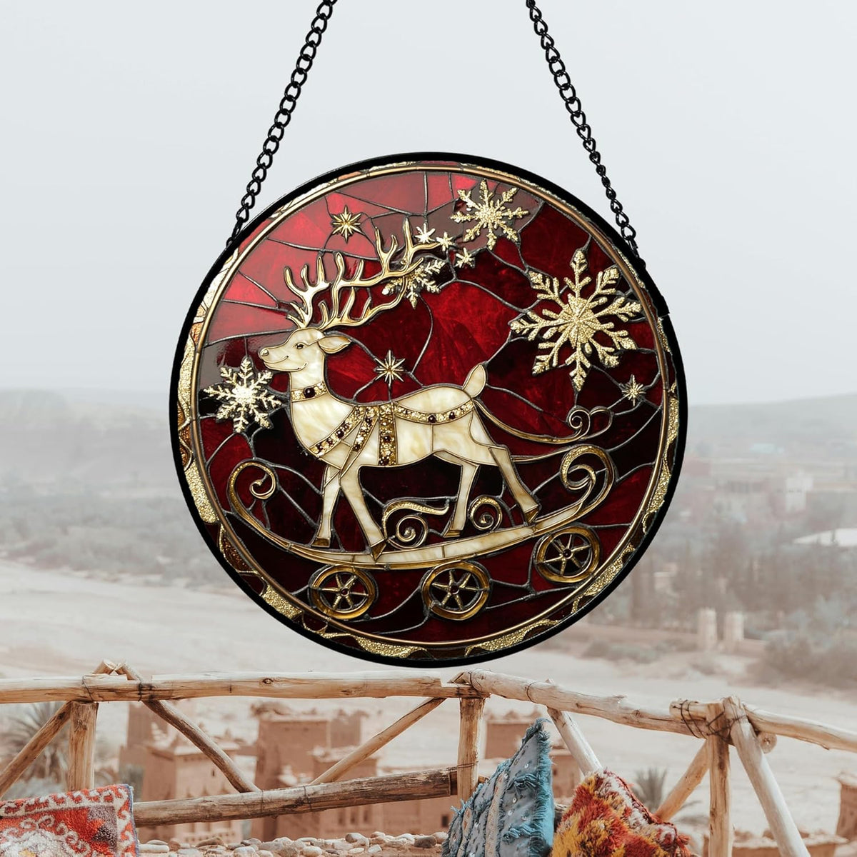 Stained Glass Window Hanging 4 Pcs Set Red Christmas Elk Snowflakes 7.8" - Deer Suncatcher Door