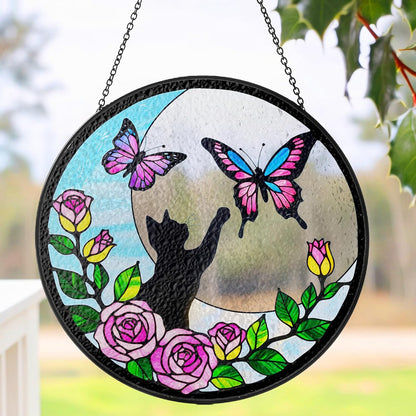 7.8" Cat Stained Glass Butterfly on Moon, Suncatcher Window Hanging, Suncatcher Garden Decor