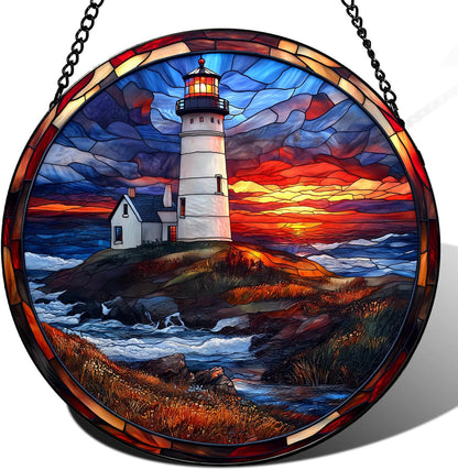 Coastal Lighthouse in Autumn Suncatcher -7.9 in Stained Glass Window Hanging Sun Catcher Garden