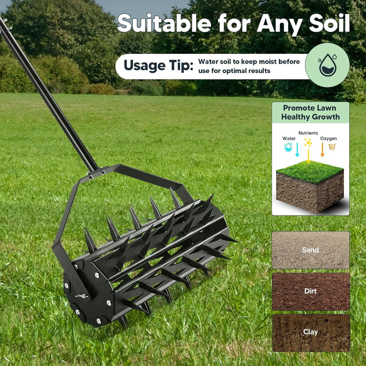 Rolling Lawn Aerator, Rotary Spike Lawn Aerator, Heavy Duty Manual Aerator Lawn Tool, 17-Inch Push