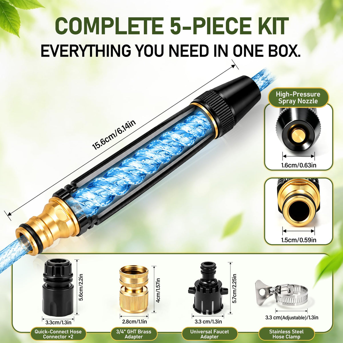 High Pressure Hose Nozzle Metal Fits US Garden Hoses with 3 Spray Modes
