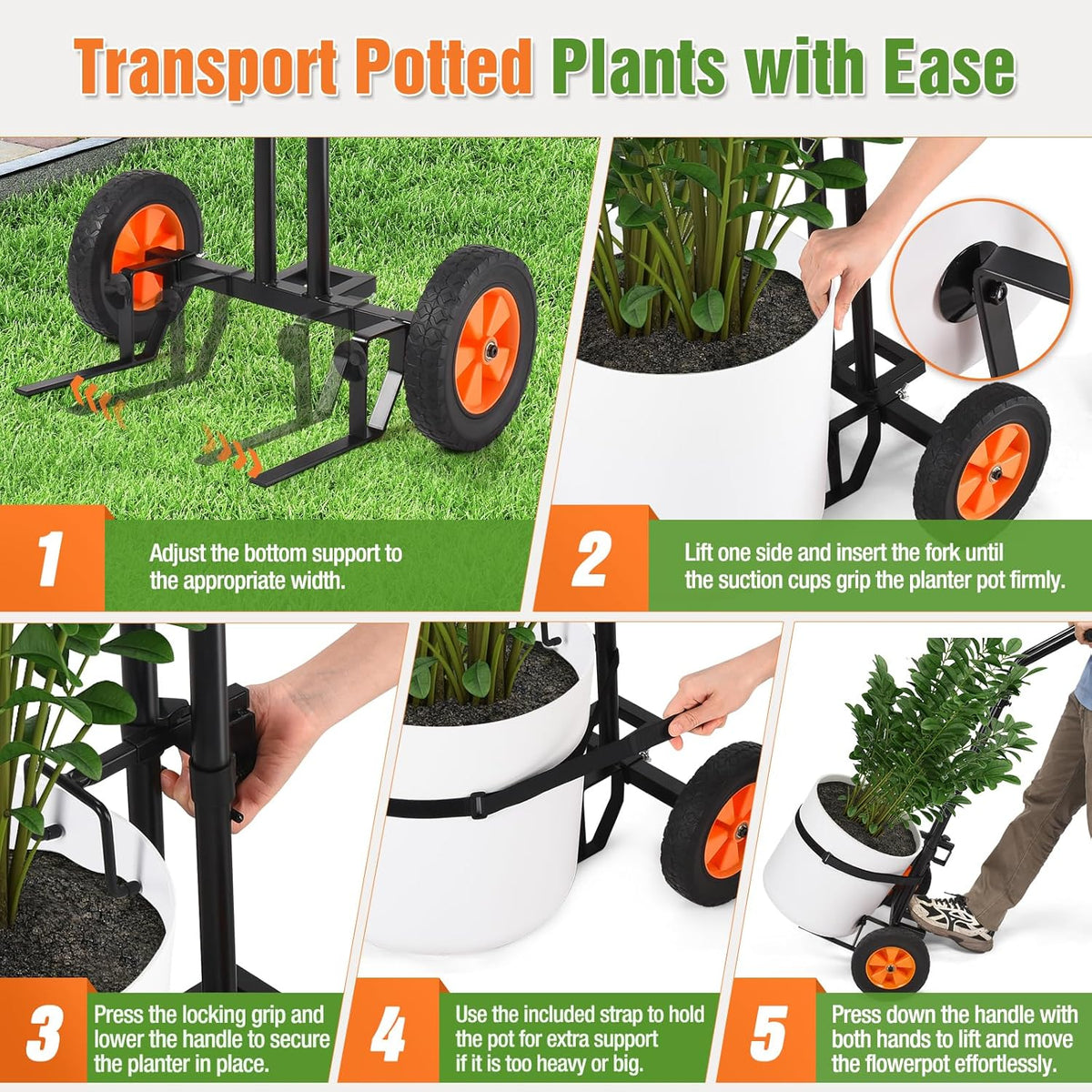 Plant Caddy with Wheels, Heavy Duty Plant Dolly Cart with Adjustable Grabbing Arm and Suction Cups