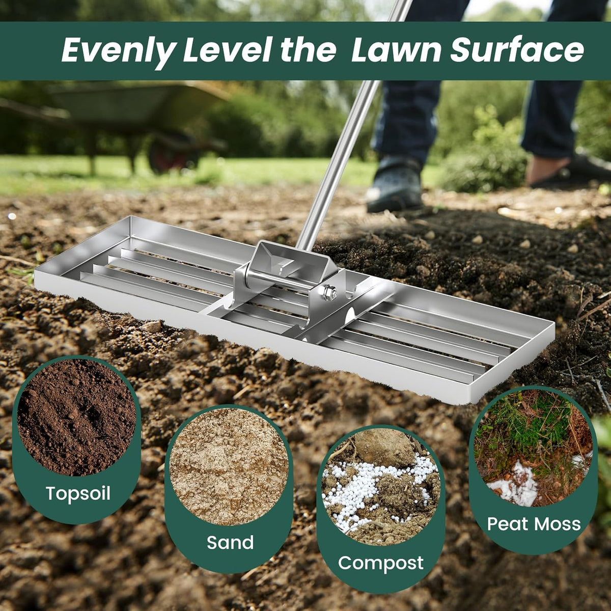 Goplus Lawn Leveling Rake, 30" x 10" Heavy Duty Level Lawn Tool w/ Ergonomic Handle for Soil