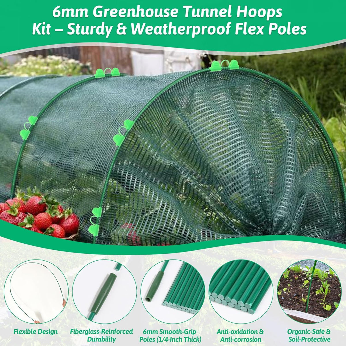 30 Pcs Garden Hoops for Raised Beds, 6mm Greenhouse Hoops Grow Tunnel Fiberglass Hoop House Kit, 6