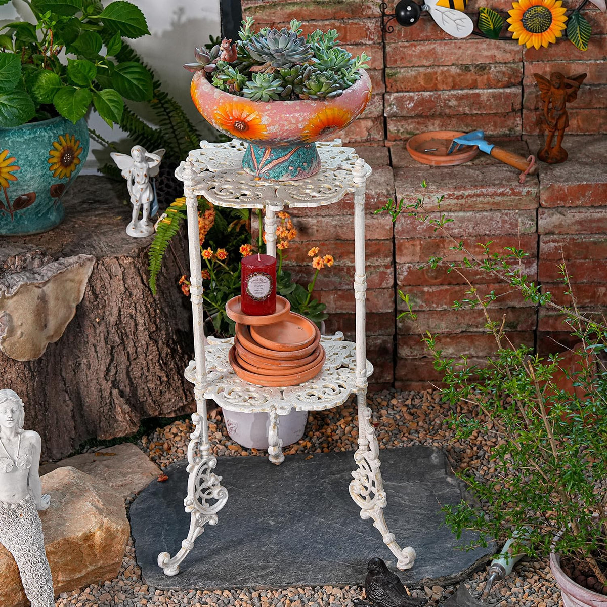 Sungmor Vintage Cast Iron 2-Tier Plant Stand, Elegant Butterfly & Floral Design with Antique White