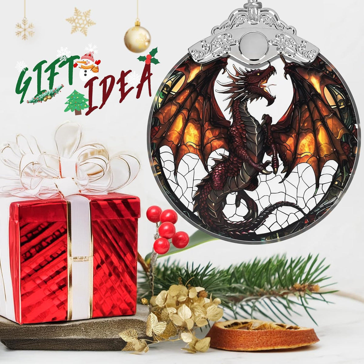 Stained Glass Flying Dragon Christmas Ornament - Holiday Home Decor - Tree Decoration - Gift