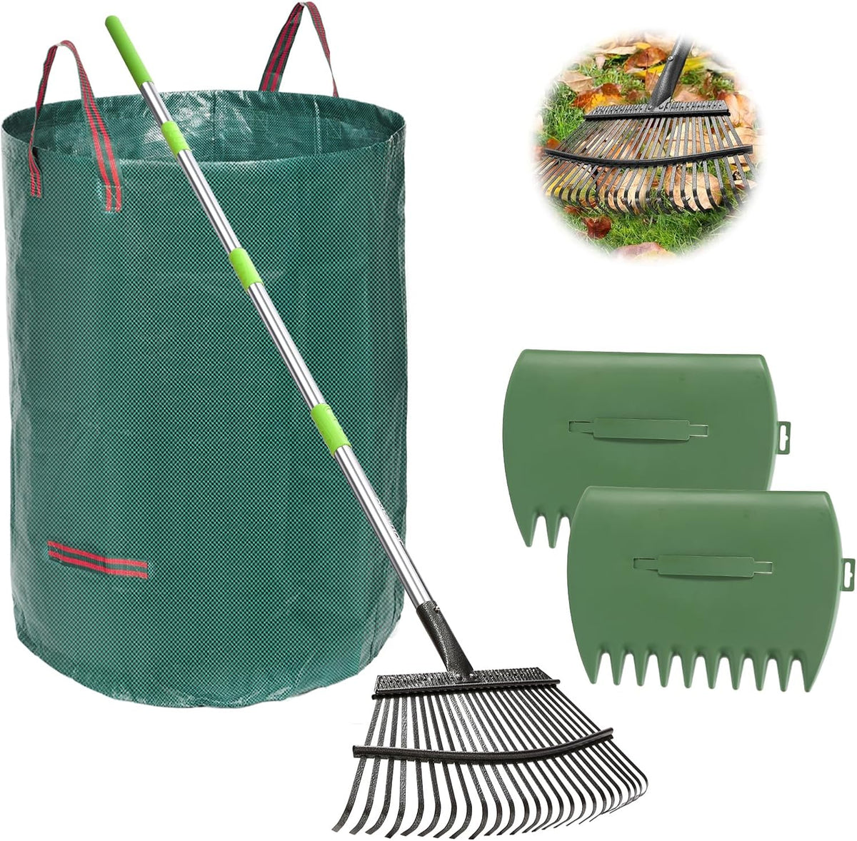 JOYHALO 65 Inch Rake for Leaves, 25 Tines Metal Leaf Rake Set with 32 Gallon Leaf Bags Scoops